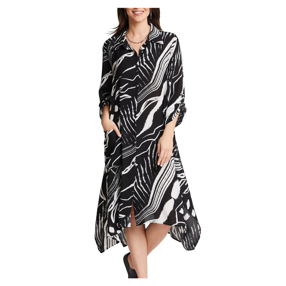 Women's Black and White Floral Duster Size XL Button Up Dress Compli-K NWT